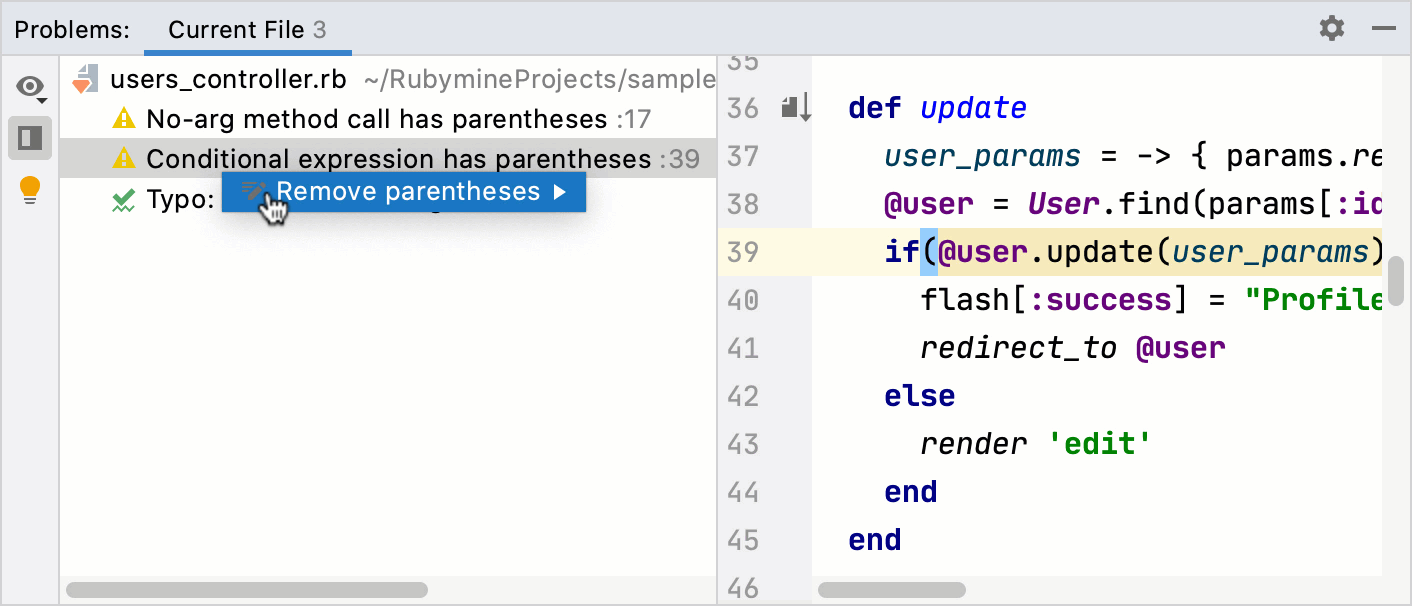 Detected problems shown in the Problems tool window