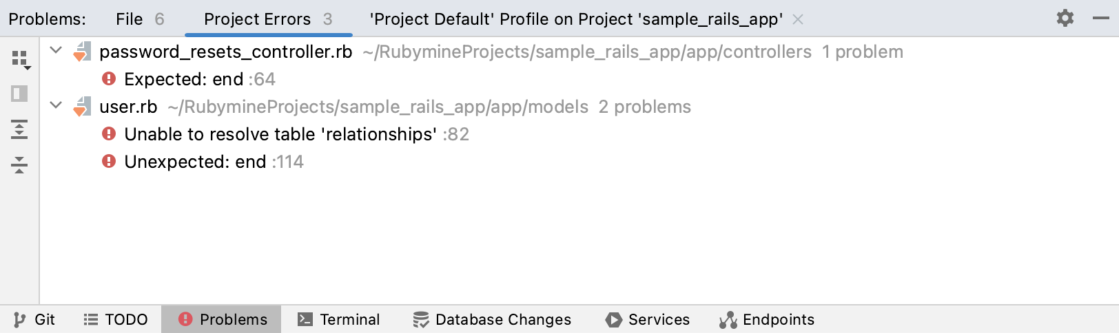 Project Errors tab