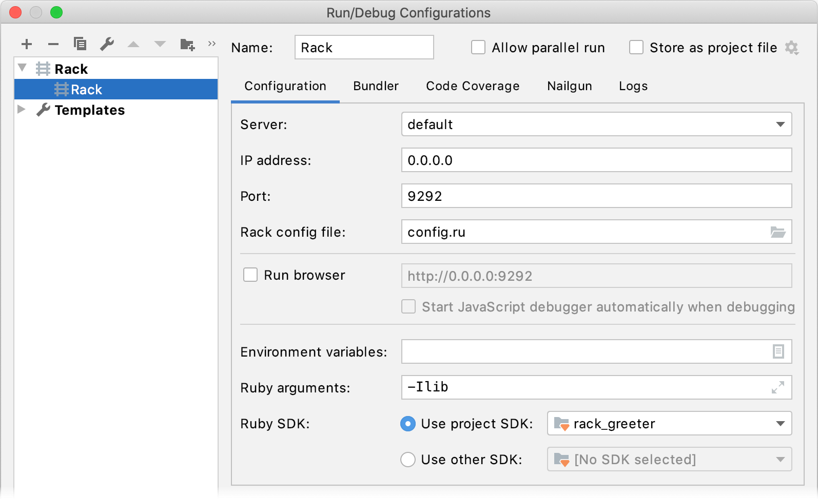 Run/Debug Configuration: Rack