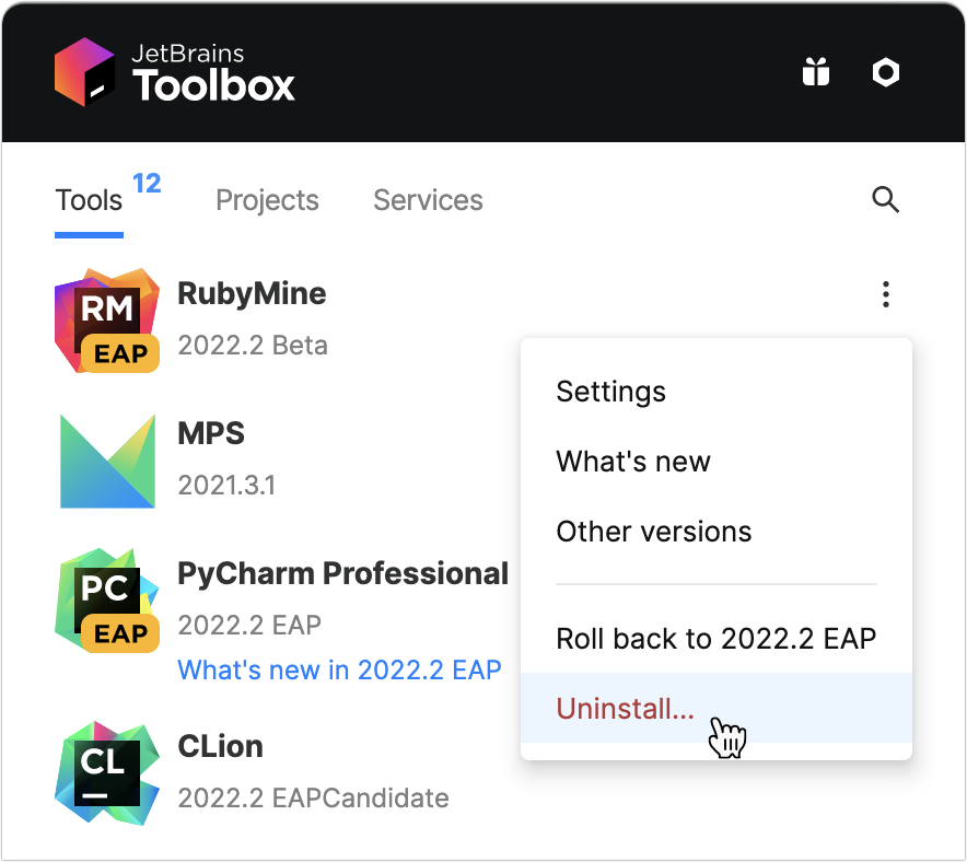 Uninstall RubyMine using the Toolbox App