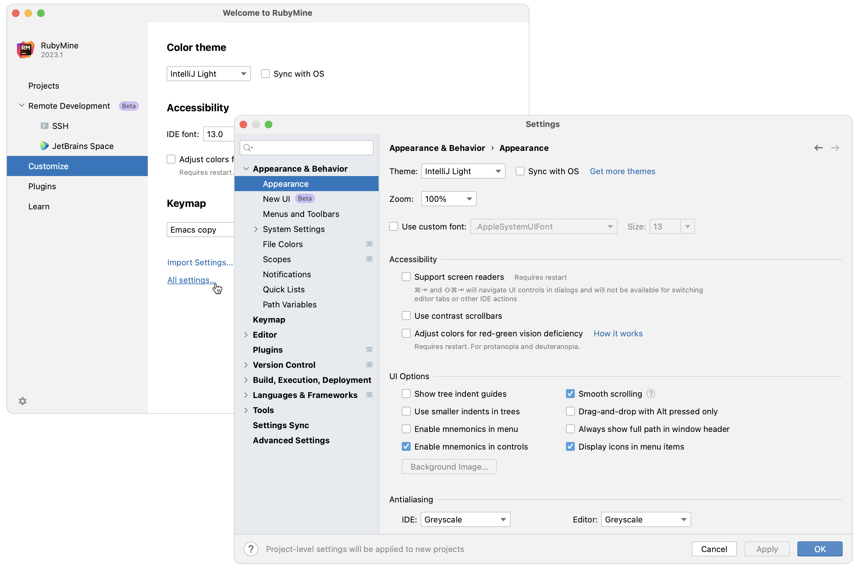 Configuring new default settings for projects