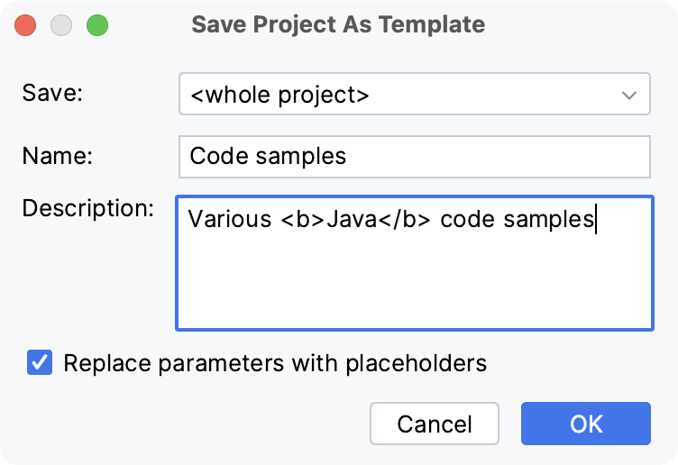 Saving a project as a template