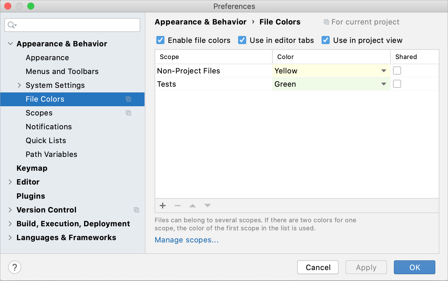 Configuring file colors in Settings