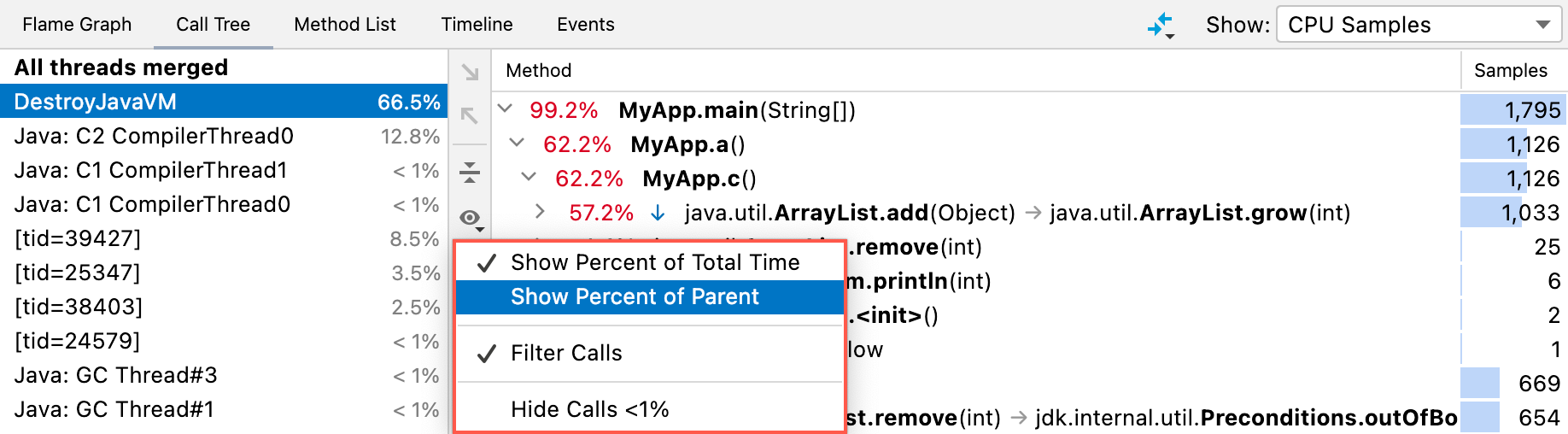 The Show Percent of Total Time/Parent button in the Presentation Settings menu