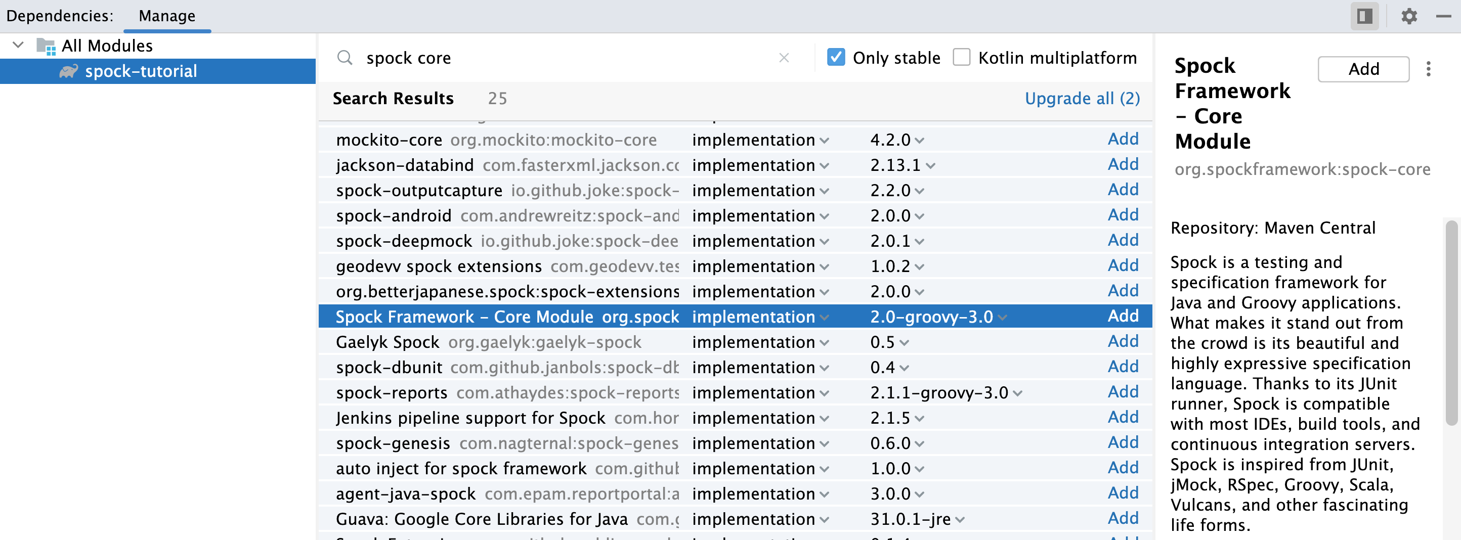 Search for Spock dependency