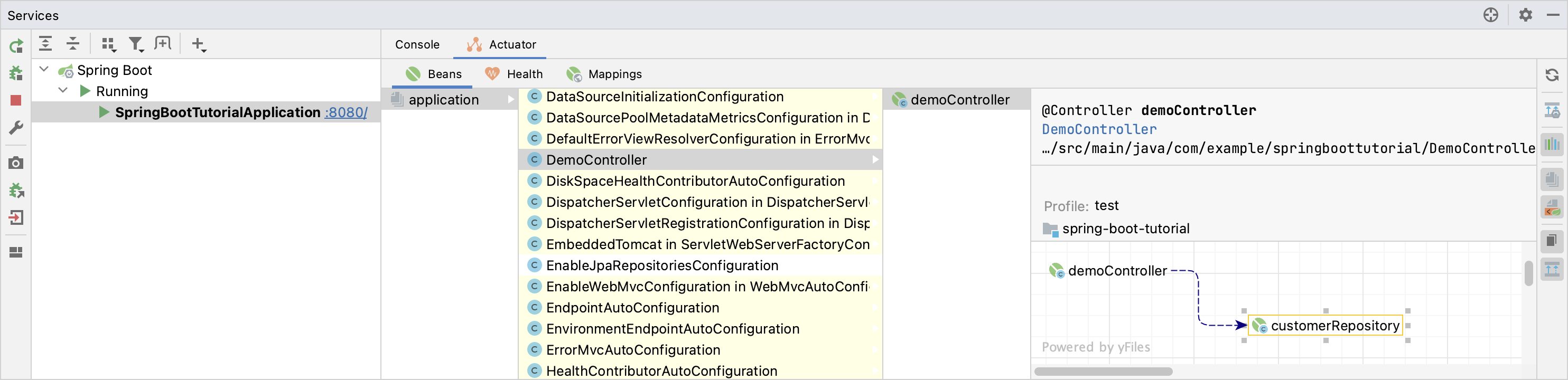 Spring actuator beans shown in the Run tool window