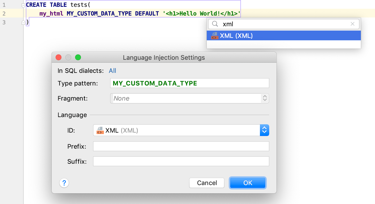 Inject a language for user-defined data types