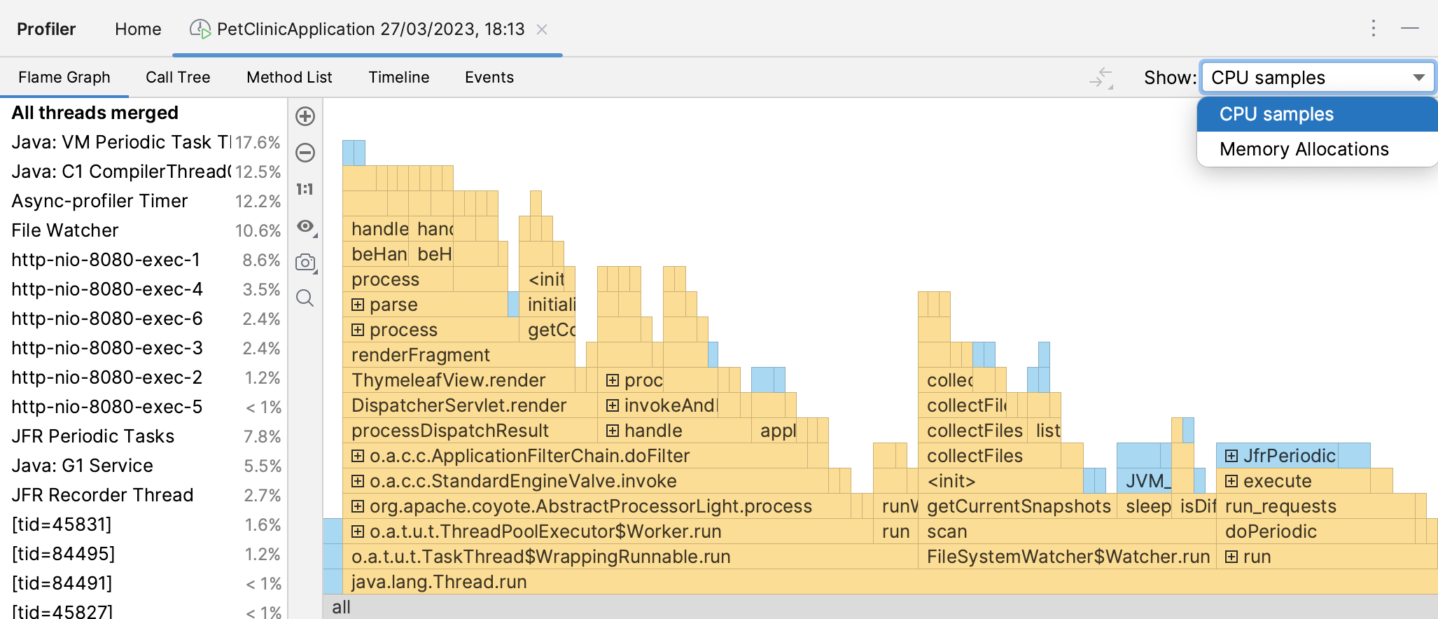 The Show menu in the top-right corner of the Profiler tool window