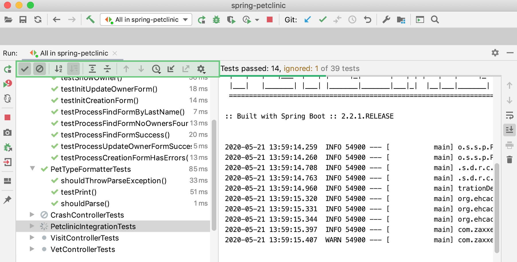 Test results shown on the Test Runner tab of the Run tool window