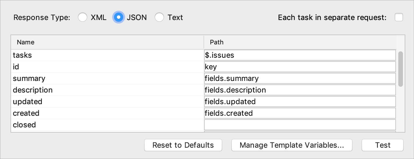 Configuring a response type and specifying selectors