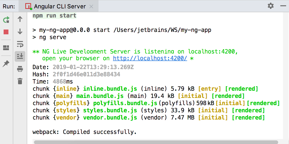 Running Angular CLI app: the Webpack Development server is ready