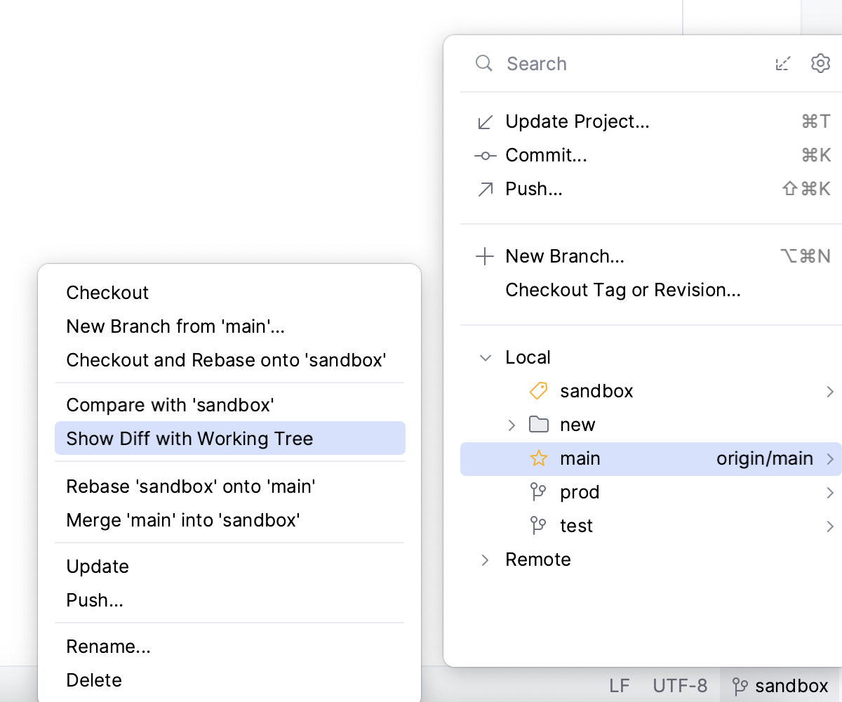 Branches popup: Show diff with Working Tree
