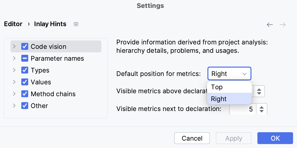 Code vision: configure position in the Settings dialog