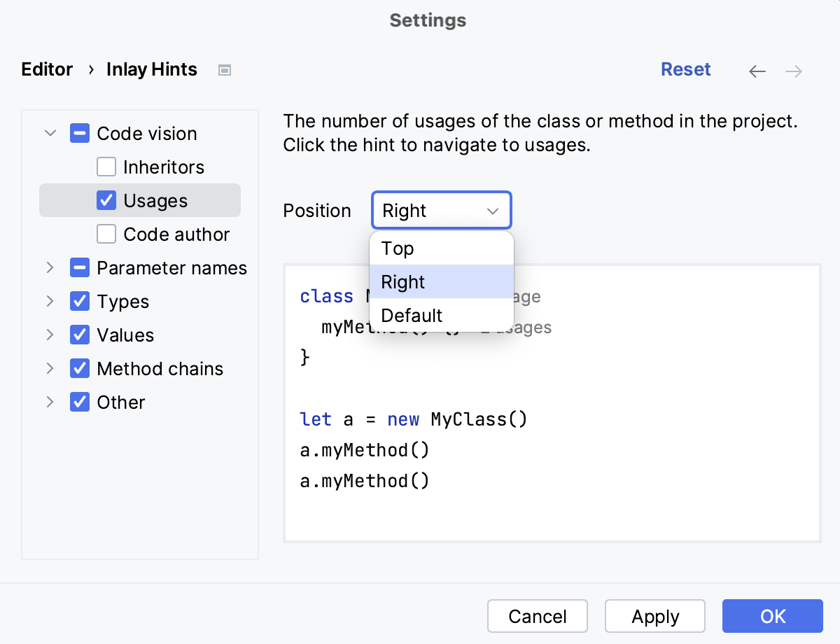 Configure position for inlay hints in the Settings dialog