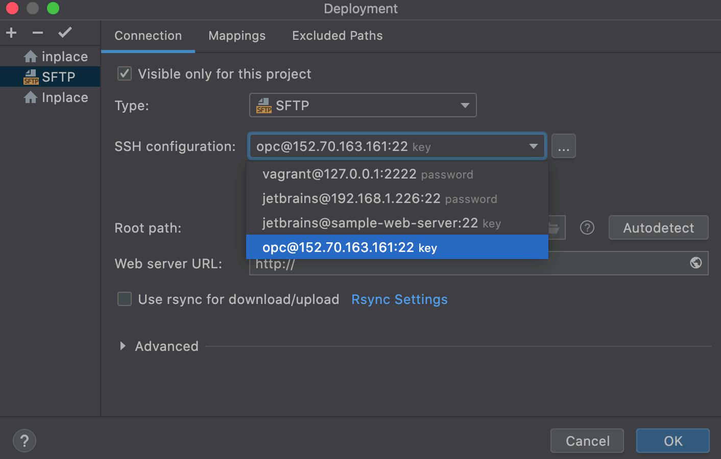 Creating a remote (SFTP) server configuration