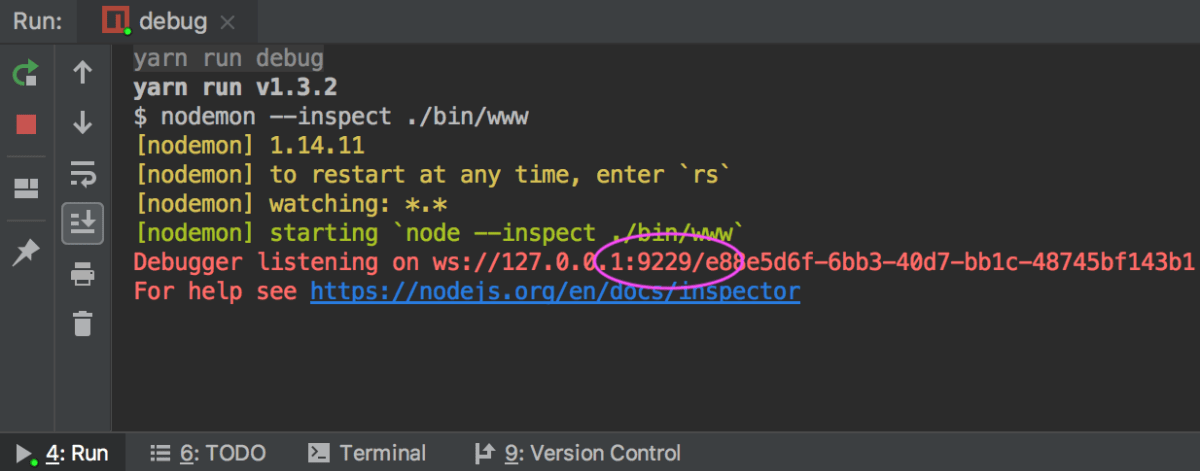Node.js application with  nodemon running in the debug mode: check the port