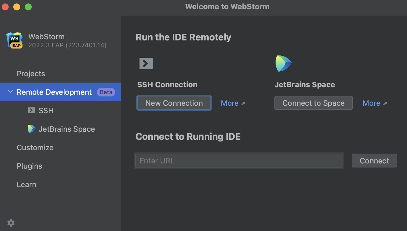 Configuring remote development settings on Welcome screen