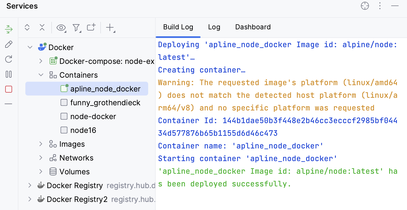 The Build Log tab of a container selected in the Services tool window