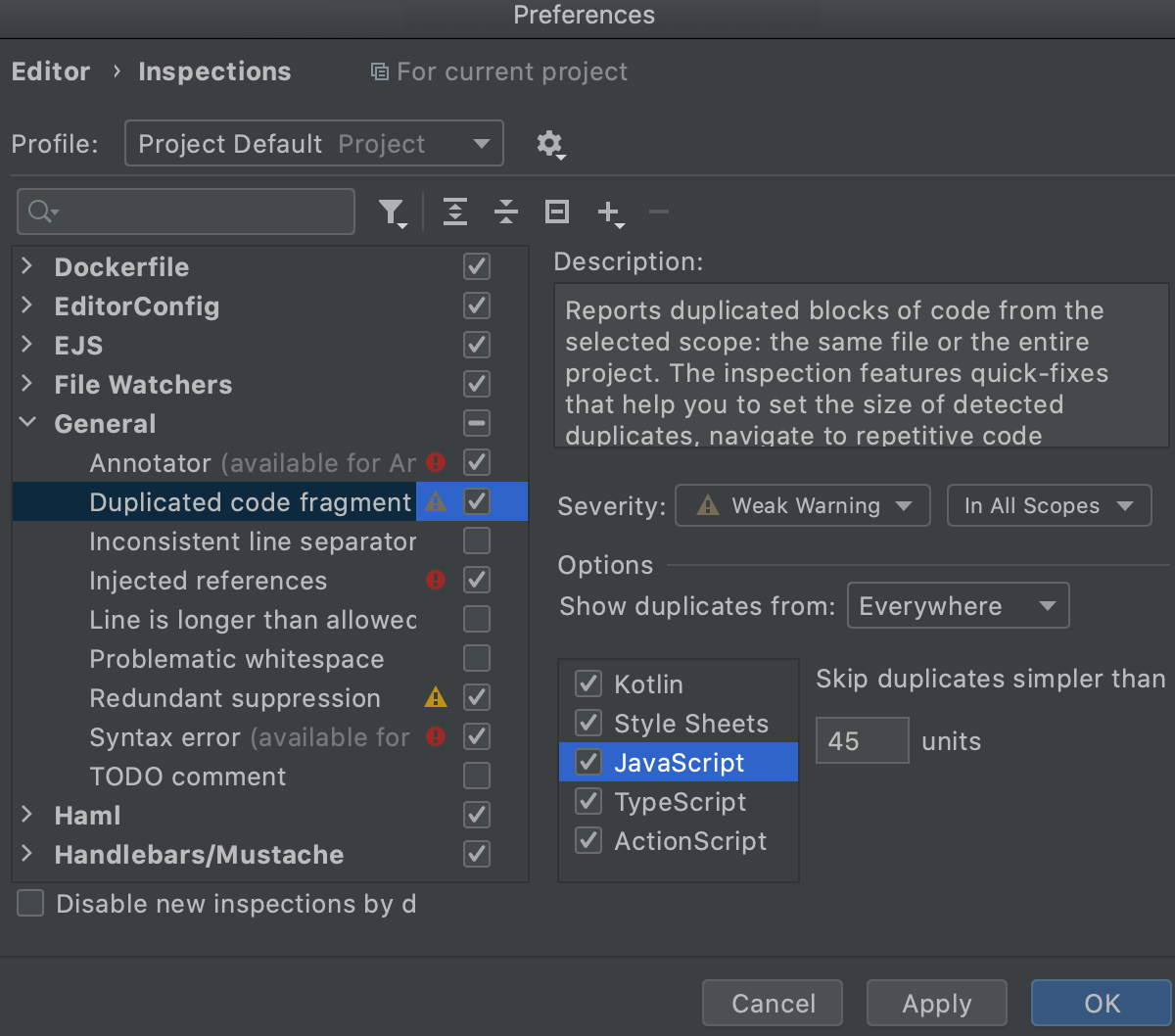 Duplicated Code Fragment inspection settings