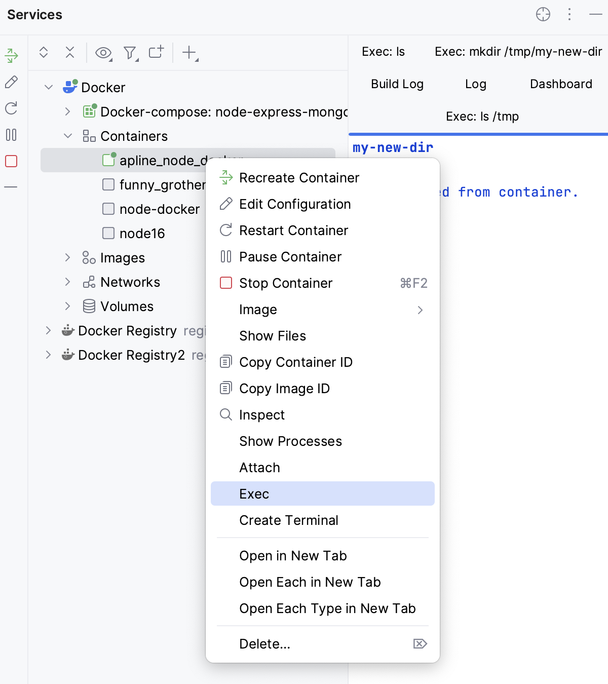Execute command in a running container: select Exec from the context menu