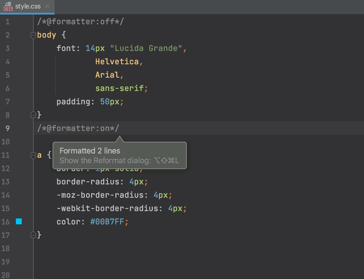 Example of excluding regions from formatting