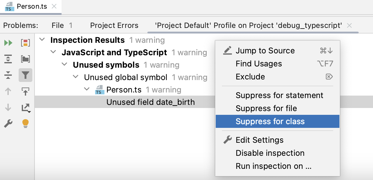 Suppressing an inspection in the Results tool window