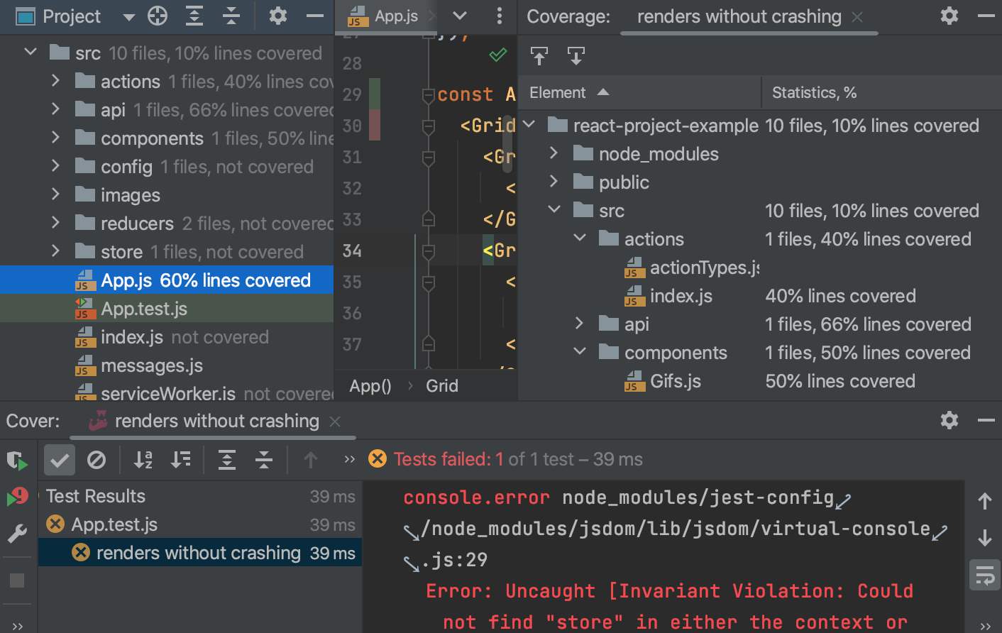 Coverage results in the Coverage tool window, in the editor, and in the Project tool window