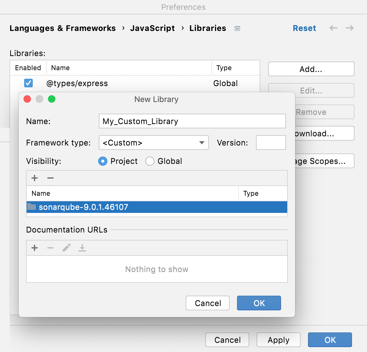 Configure custom library: library added