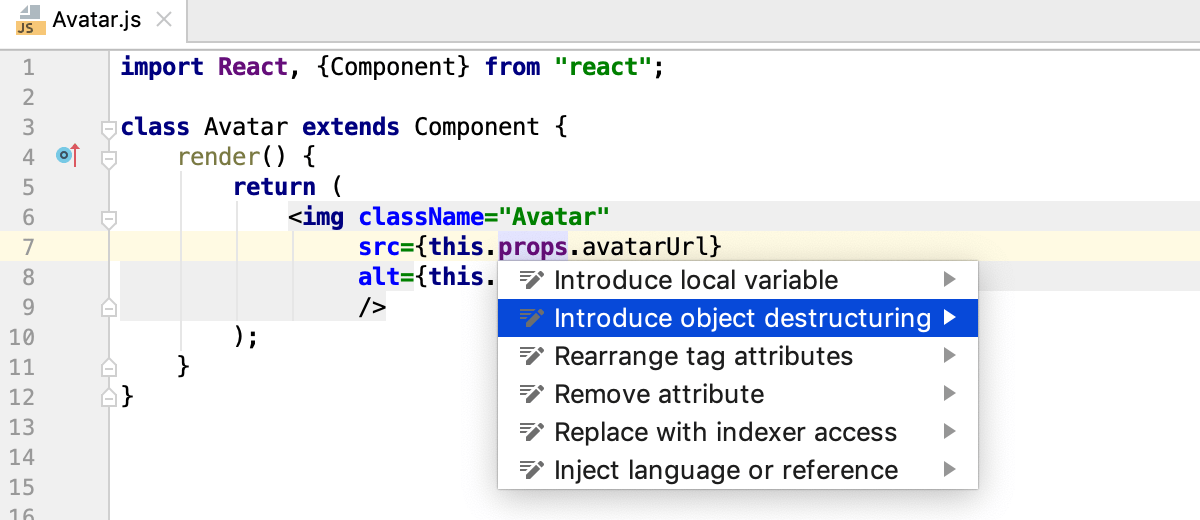 Destructuring with intention action: Introduce object destructuring in a React class