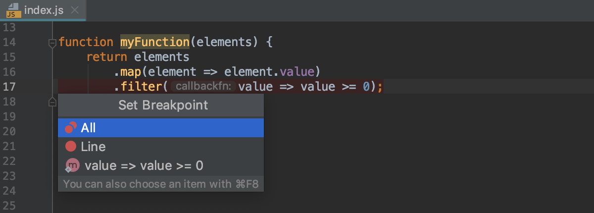 Multiple breakpoints in a line for an arrow function