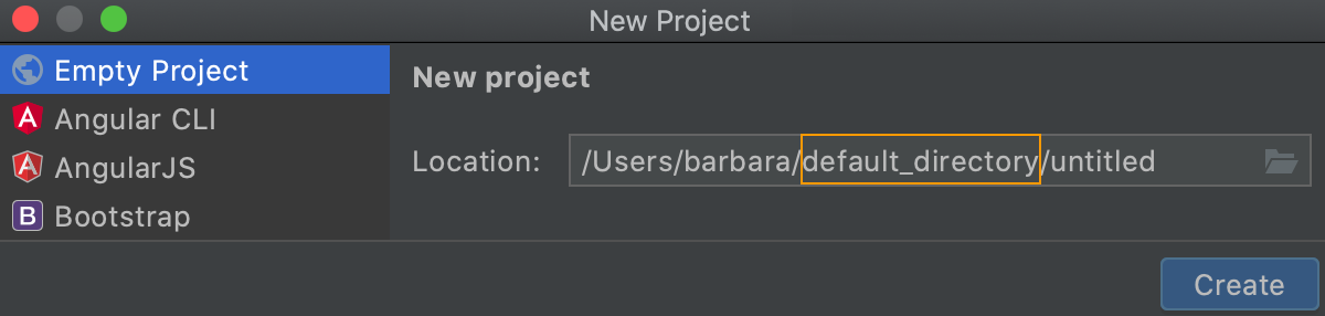 Creating a new project: the default location suggested