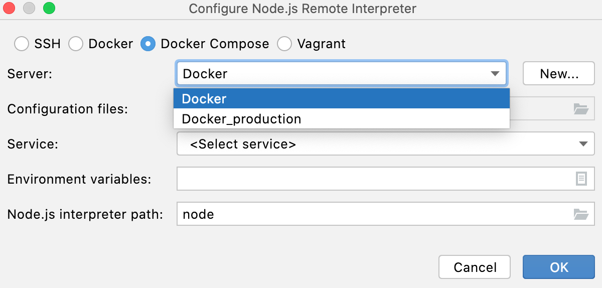 Configure a Node.js interpreter via Docker Compose: select the Docker Server