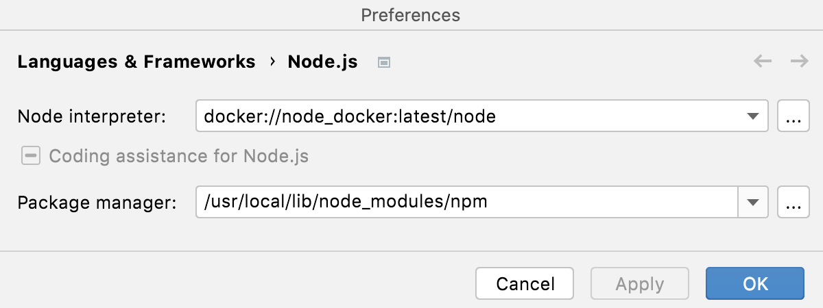 Configure Node.js interpreter in Docker container: set as default project interpreter