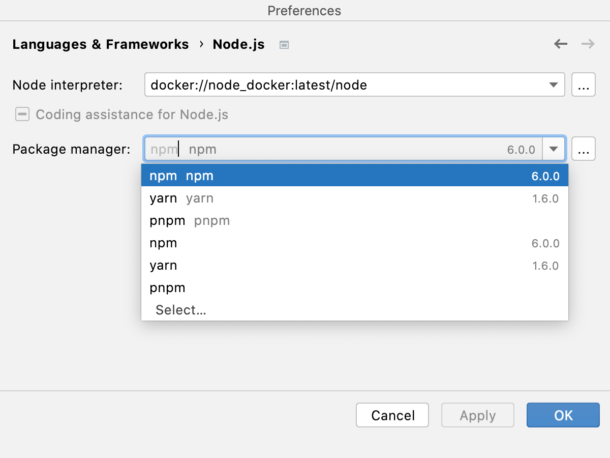 Settings: newly configured remote Node.js interpreter selected as default