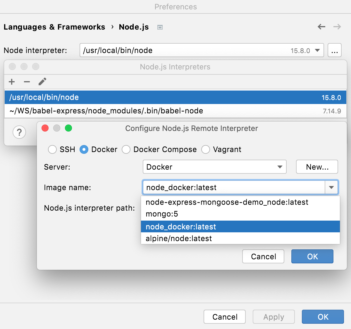 Configure Node.js interpreter in Docker container: select Docker image