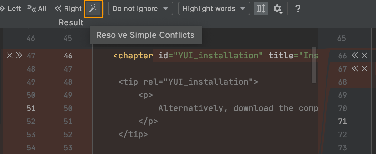the Resolve simple conflicts toolbaк button