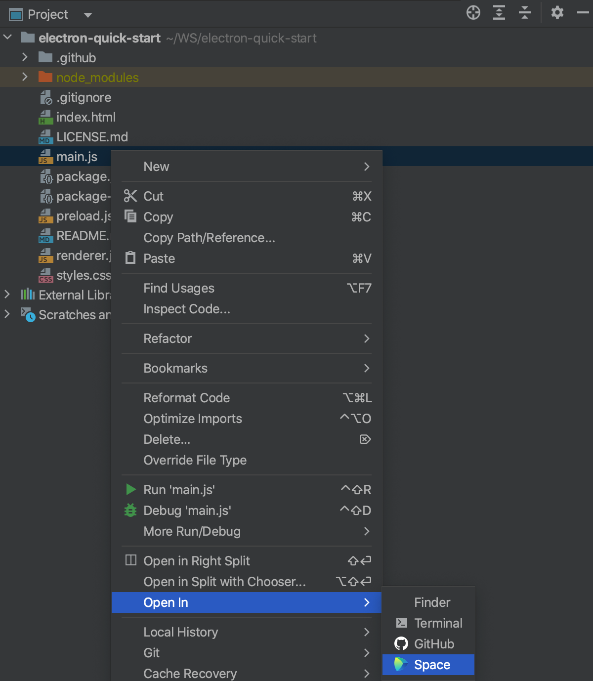 Open a file from shared project in Space from WebStorm