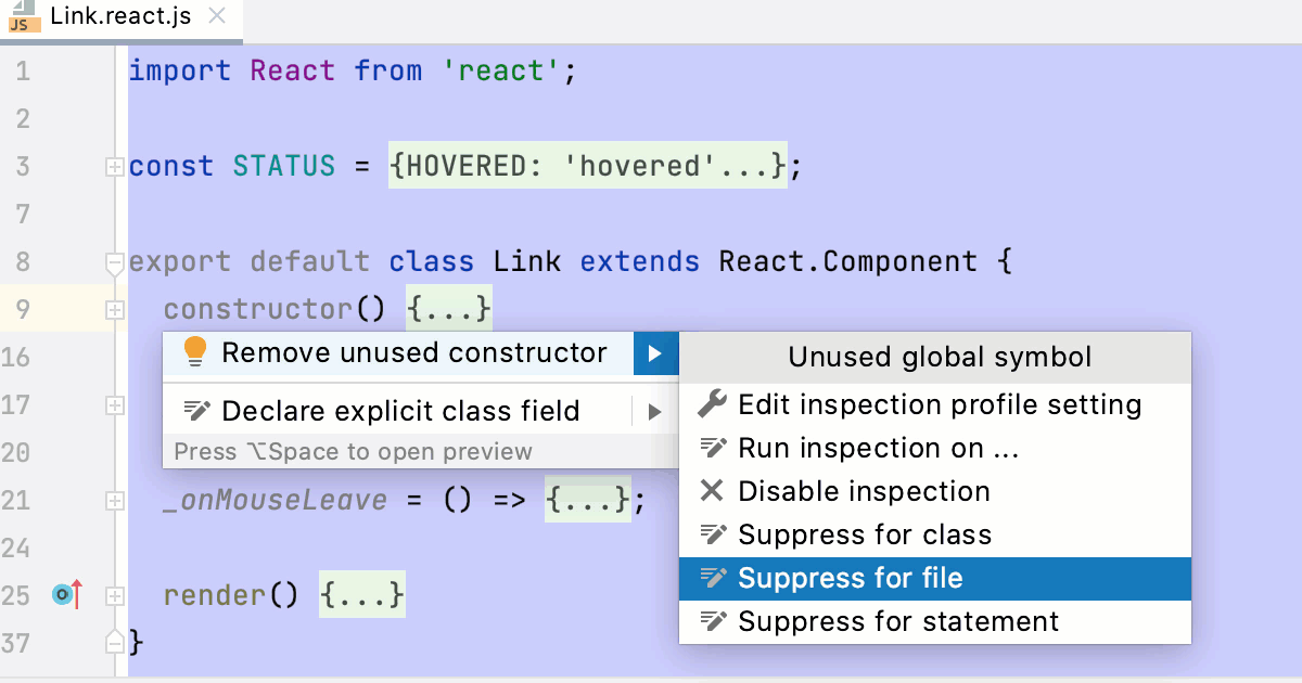 Suppress an inspection in a JavaScript class