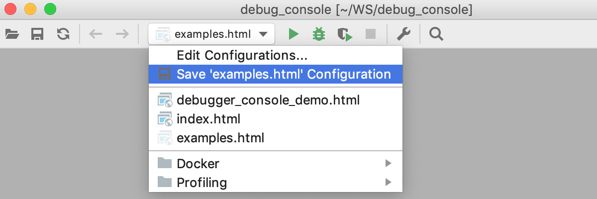 Run/Debug configuration selector: Save configuration