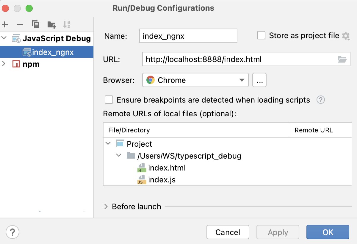 Debug client-side TypeScript on an external server: run configuration