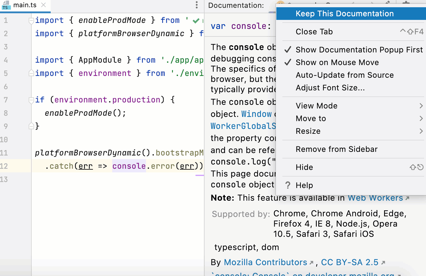 Show Quick Doc in the Documentation tool window