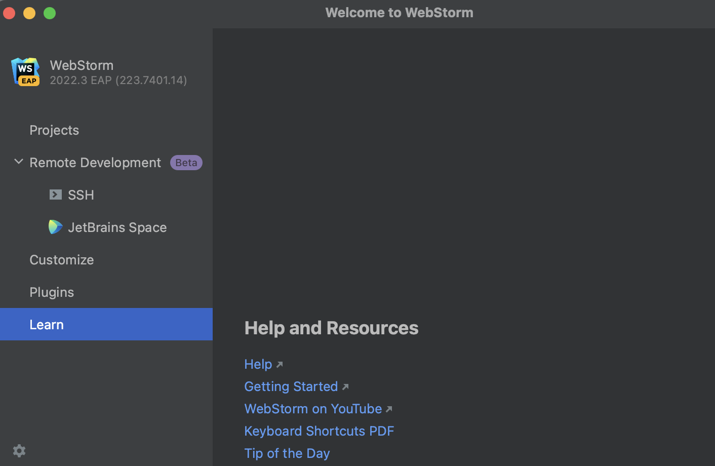 welcome screen: learn WebStorm