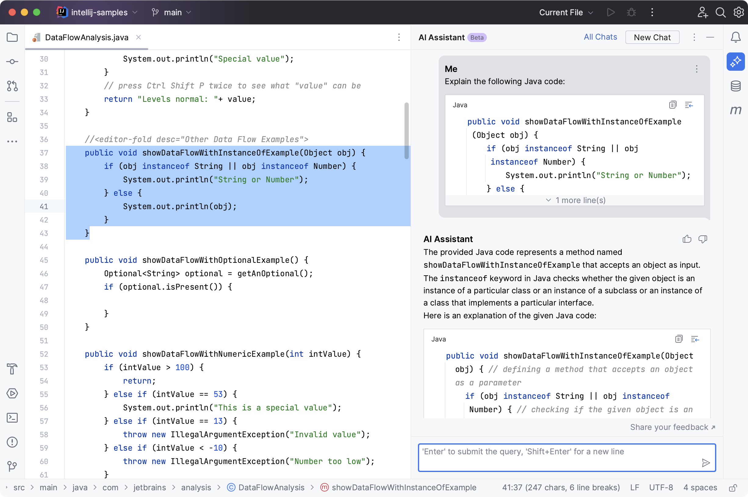 IntelliJ IDEA AI Assistant explains code
