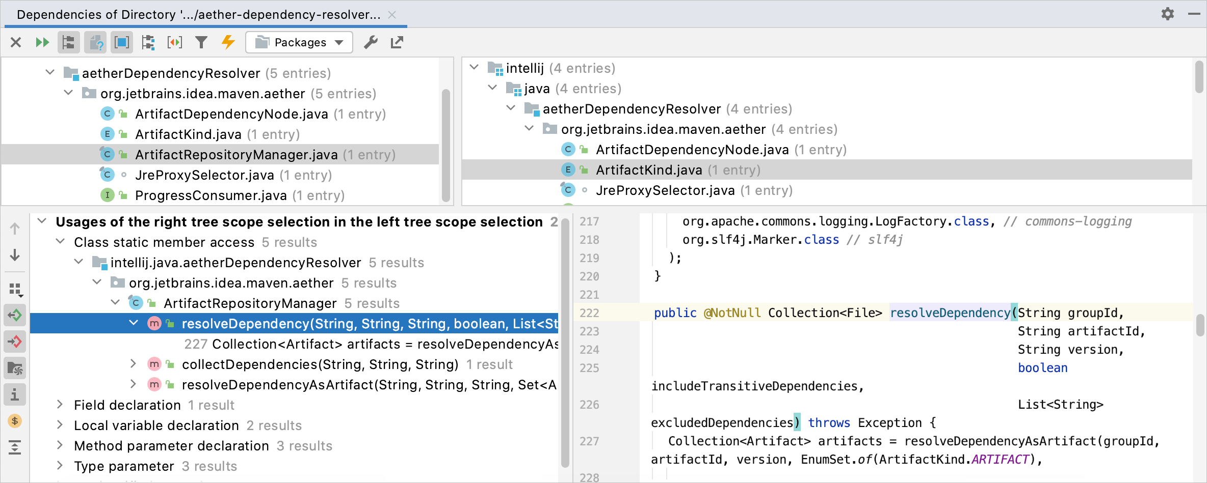 Dependencies analysis results shown in the tool window