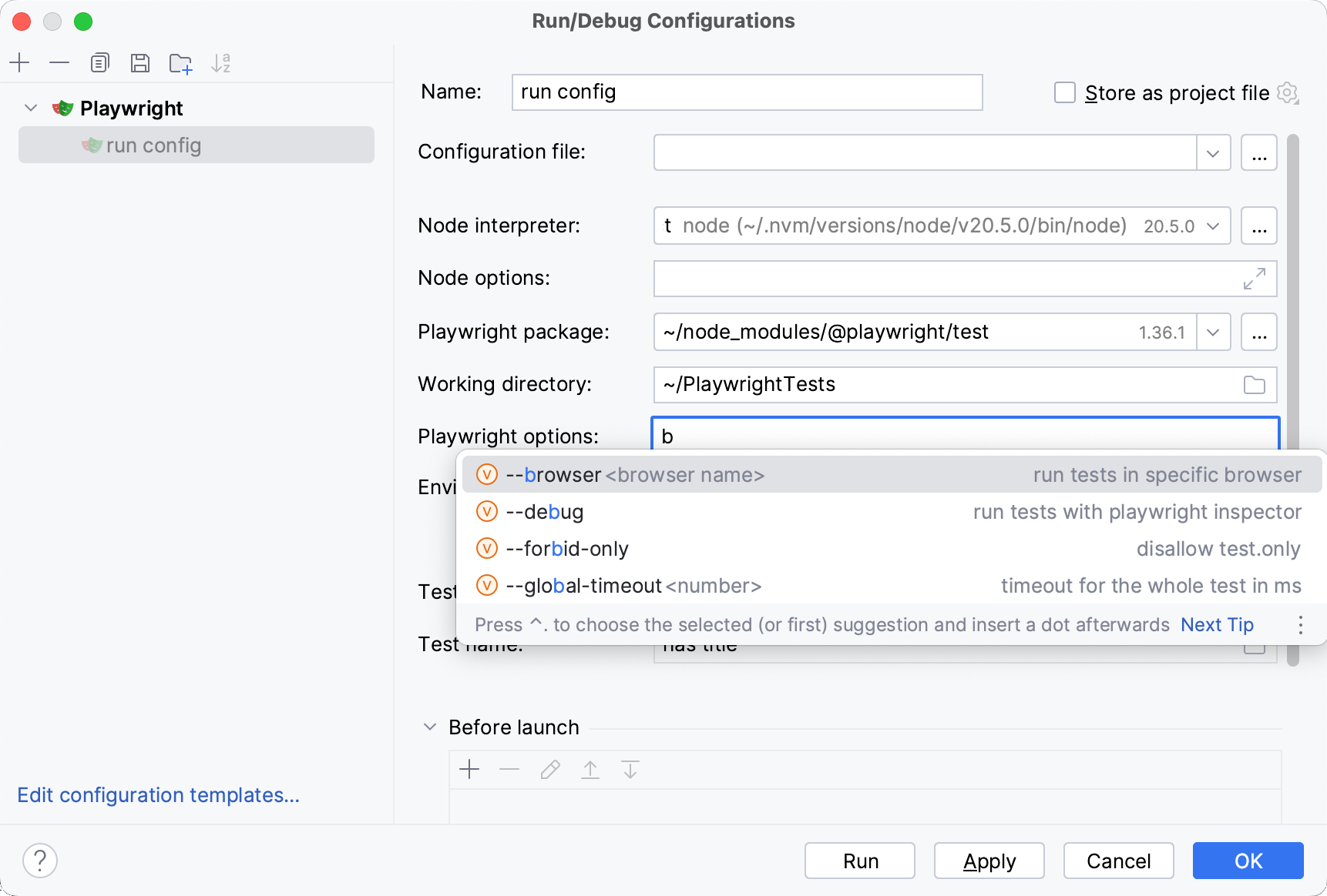 Managing test run configuration