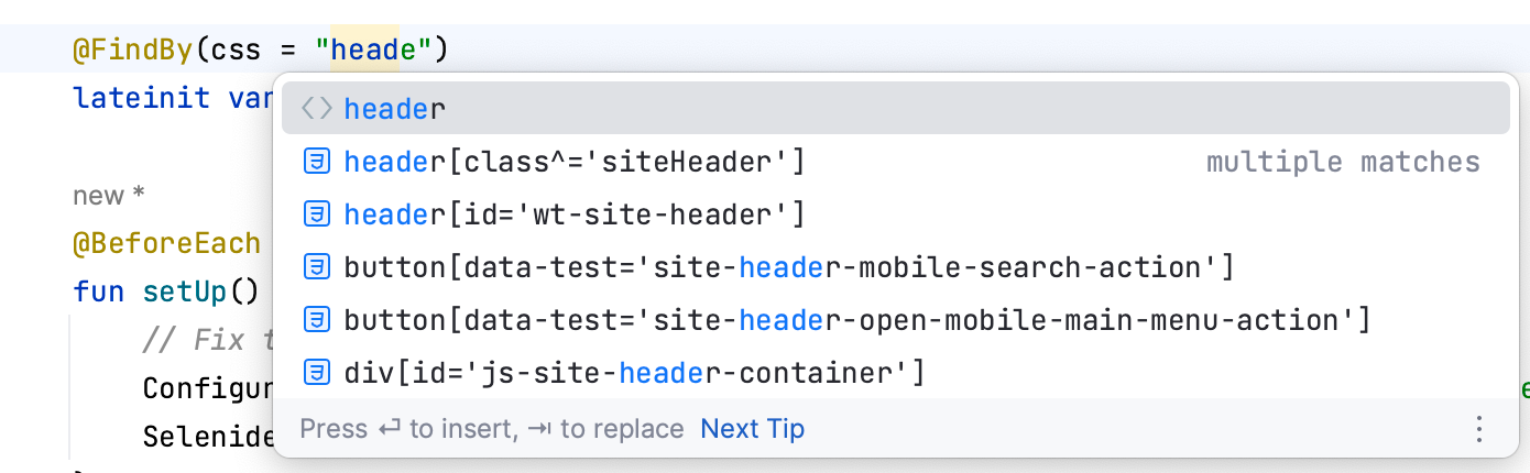 Locator code completion