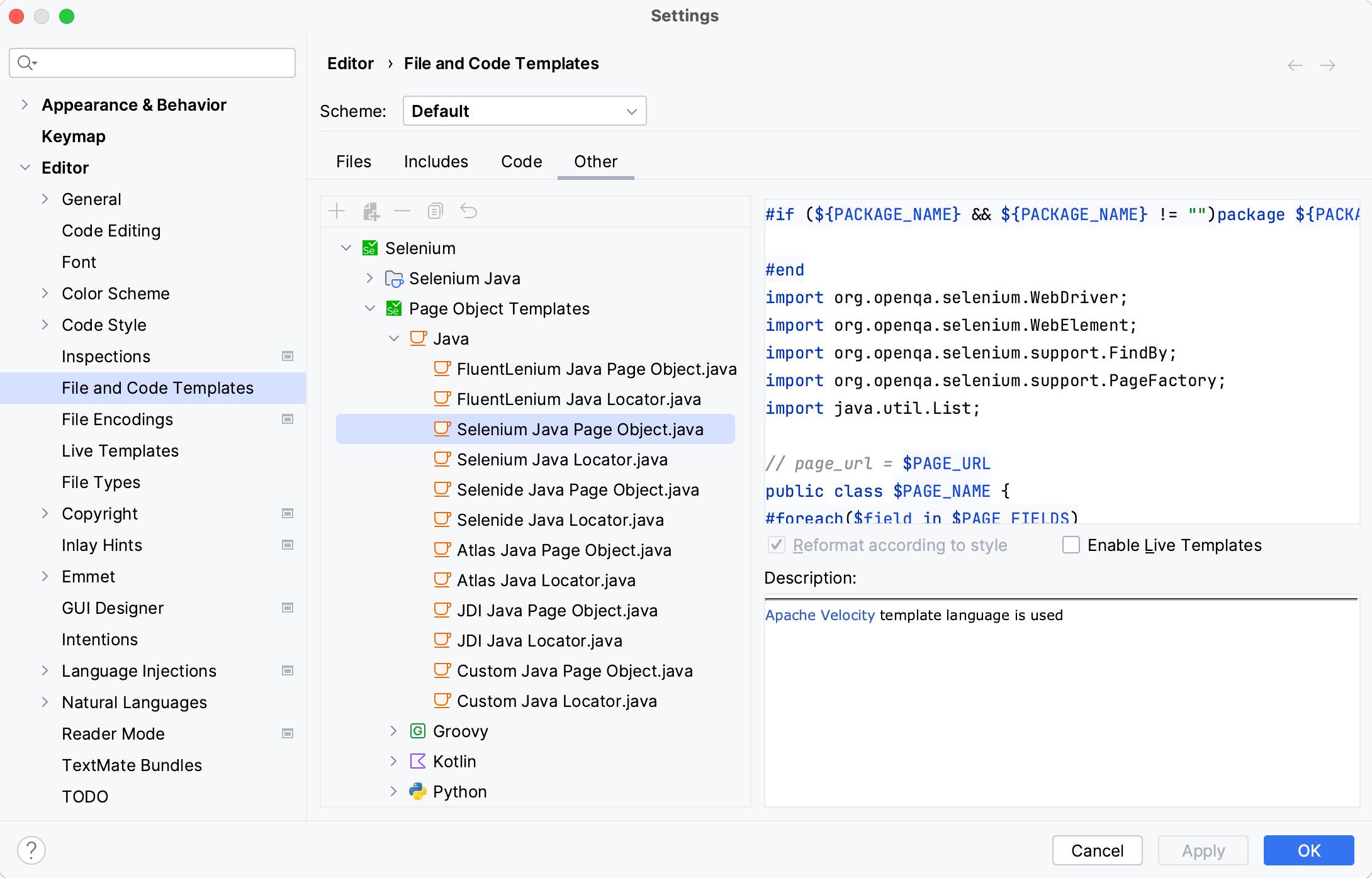 List of Page Object templates