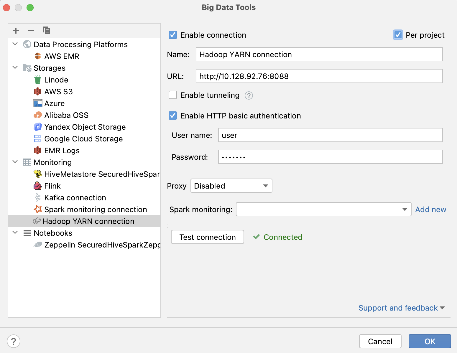 Configure Hadoop connection