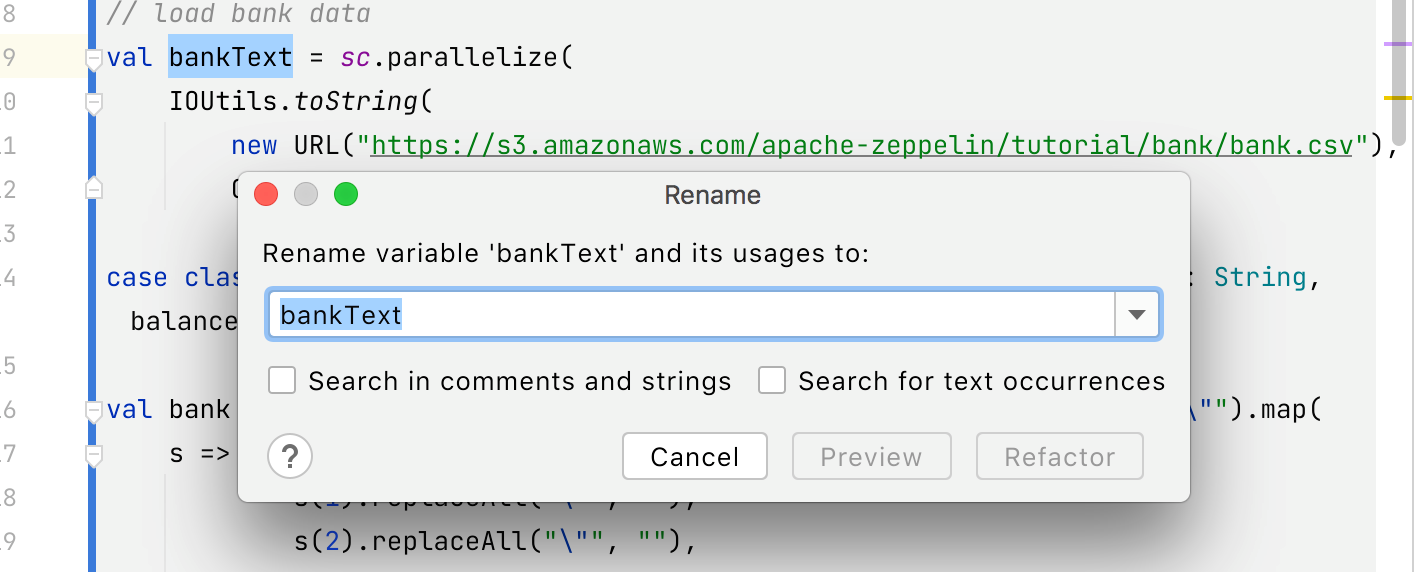 Renaming refactoring for Scala code in a notebook