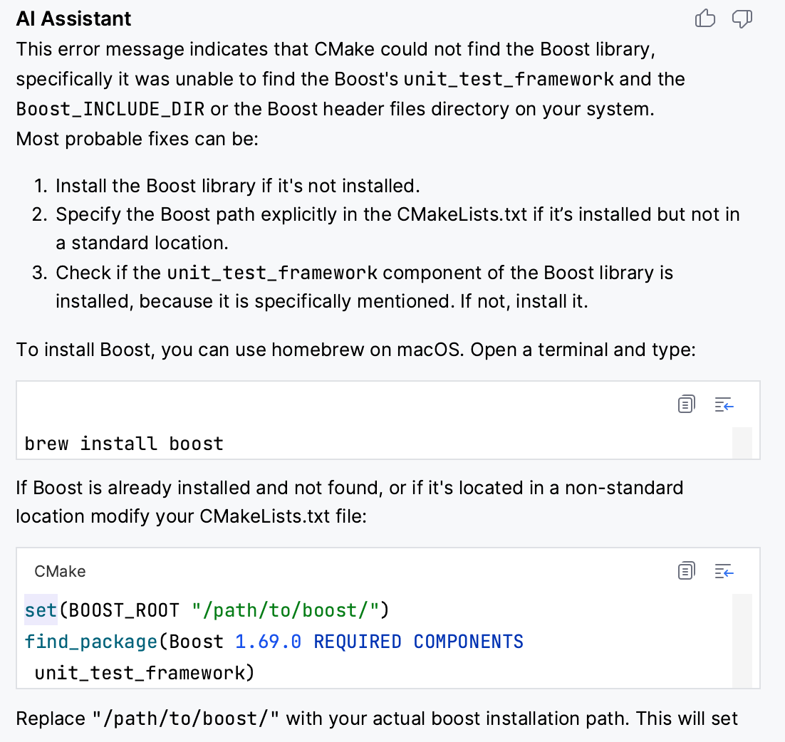 The AI Assistant explanation of a CMake error